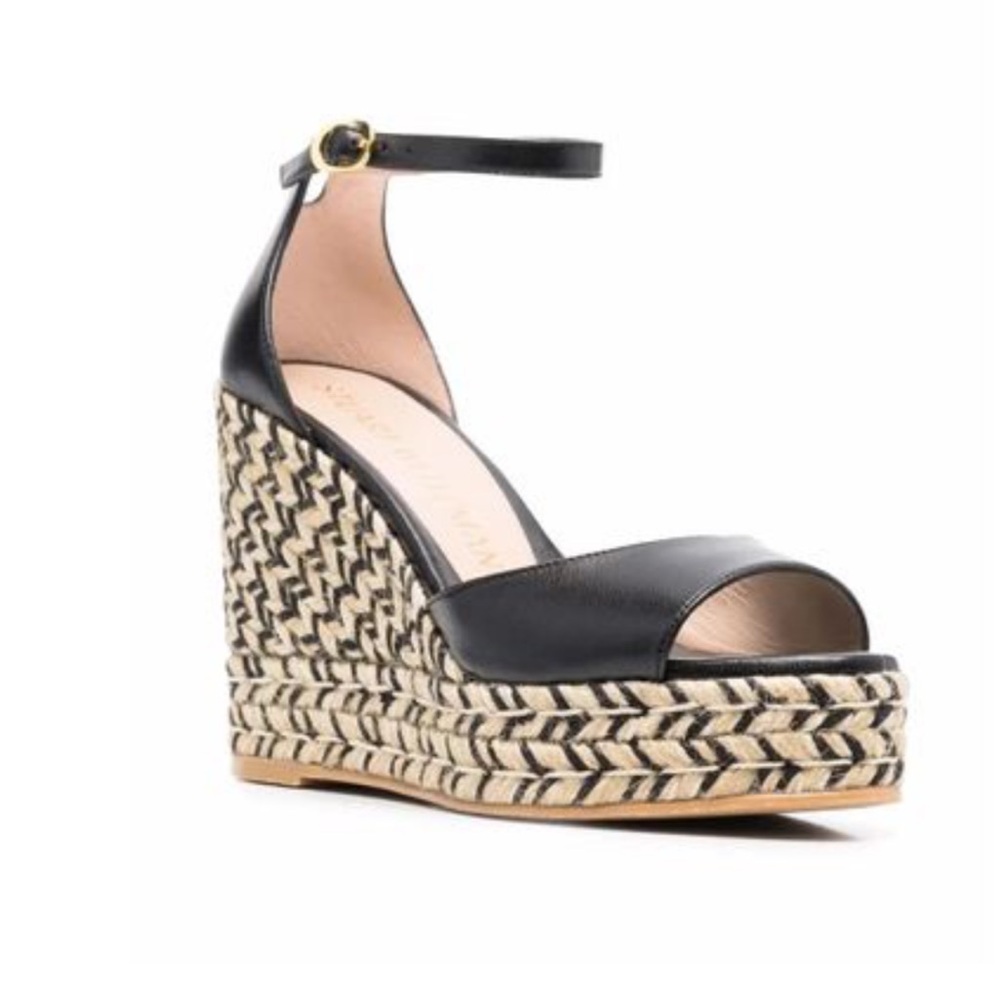 Stuart Weitzman Black Leather Espadrille Wedge Sandals